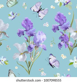 Patrón floral sin soldadura con Flores de iris violetas y mariposas voladoras. Fondo de la Naturaleza de las Acuarelas para Tejido, Papel de Fondo, Invitaciones. Ilustración del vector