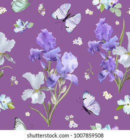 Floral Seamless Pattern with Purple Blooming Iris Flowers and Flying Butterflies. Watercolor Nature Background for Fabric, Wallpaper, Invitations. Vector illustration