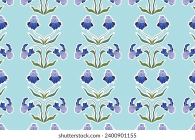 Floral Seamless Pattern with Purple Blooming Iris Flowers. Watercolor Nature Background for Fabric, Wallpaper, Invitations. Vector illustration