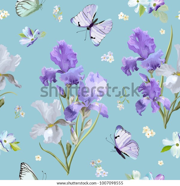 紫が咲く菖蒲と飛ぶ蝶の花のシームレスな模様 布地 壁紙 招待状の水彩の自然の背景 ベクターイラスト のベクター画像素材 ロイヤリティフリー