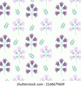 Floral seamless pattern with purple bluebell flowers and round spots. botanical pattern