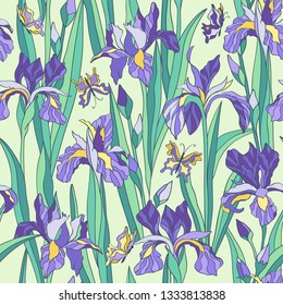 Floral seamless pattern with purple irises and butterflies