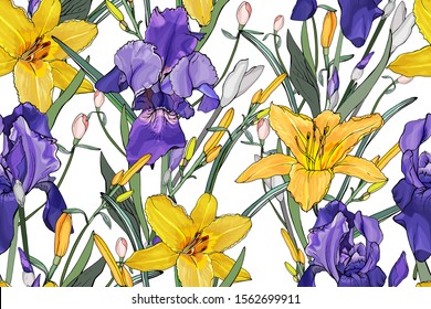 Floral seamless pattern with purple irises, yellow lilies, green leaves on white. Hand drawn. For your design, prints, textile, web pages. Realistic style. Vector stock illustration.