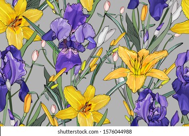 Floral seamless pattern with purple irises, yellow lilies, green leaves on gray background. Hand drawn. For your design, prints, textile, web pages. Realistic style. Vector stock illustration.