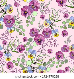 Floral seamless pattern. Purple, pink, green colors bouqets. Oriental style. Pansy pink background. Vector illustration art. Design for textiles, paper, wallpaper