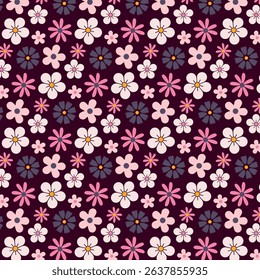 Floral seamless pattern with purple, pink and white flowers on a dark background.