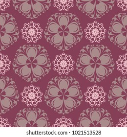 Floral seamless pattern. Purple red background with flower design elements for wallpapers, textile and fabrics