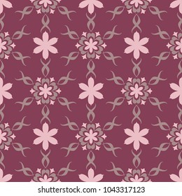 Floral seamless pattern. Purple red background with flower design elements for wallpapers, textile and fabrics