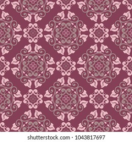 Floral seamless pattern. Purple red background with flower design elements for wallpapers, textile and fabrics
