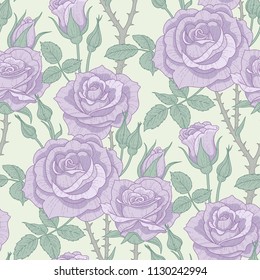 Floral seamless pattern with purple roses on light green background. Pattern at provence style  for textile, design and decoration
