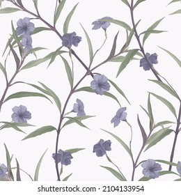 Floral seamless pattern, purple ruellia tuberosa flowers and leaves on light purple