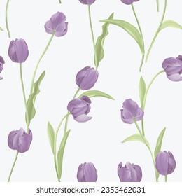 Floral seamless pattern, purple tulips and leaves on grey