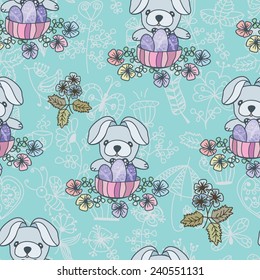 floral seamless pattern with rabbits, birds and butterfly 