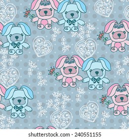 floral seamless pattern with rabbits, birds and butterfly 