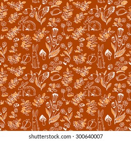 Floral seamless pattern with rabbits. Doodle cute background with flowers and plants, animals and insects - bunny, ladybird, butterfly in children's style. Vector design for surface, textile, wrapping