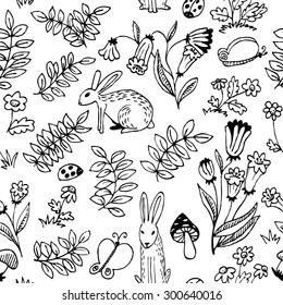 Floral seamless pattern with rabbits. Doodle cute background with flowers and plants, animals and insects - bunny, ladybird, butterfly in children's style. Vector design for surface, textile, wrapping