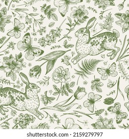 Floral seamless pattern with rabbits and white butterflies. Vintage background. Vector botanical illustration. Little garden. Green.