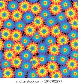 Floral seamless pattern with rainbow-colored flowers on a black background. Vector.