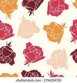 Floral seamless pattern with random colourful shapes and silhouettes of roses in gentle colors. Pink, orange, bordo, mustard, pastel. Modern textile, branding, packaging.