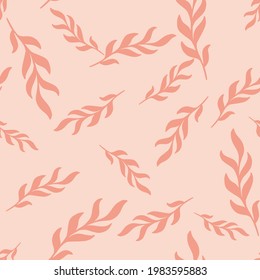 Floral seamless pattern with random herbal leaves twig shapes. Pink palette backdrop. Doodle print. Graphic design for wrapping paper and fabric textures. Vector Illustration.