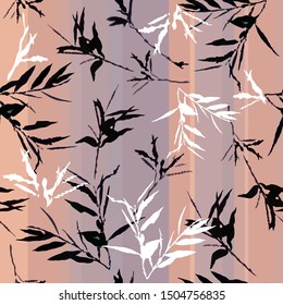 Floral seamless pattern with randomly scattered elements. Green, pink, purple silhouettes and contours of long leaves and stems are located on a striped background with pink and lilac shades. 