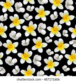 Floral seamless pattern with realistic exotic flowers on the black background. Plumeria and apple flowers. Polygon style. Perfect for cover, card, wallpaper, fabric, wrapping and interior design. 