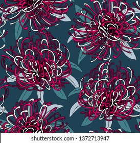Floral Seamless pattern. Red african Protea flowers and leaves on a dark green background. Textile composition, hand drawn style print. Vector illustration.