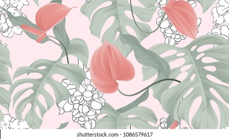 Floral seamless pattern, red Anthurium flowers and split-leaf Ph