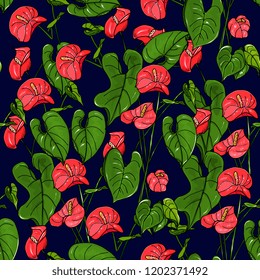 floral seamless pattern with red anthuriums. Hand drawing. Great for invitations, fabric, print, greeting cards decor