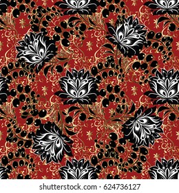 Floral seamless pattern. Red background wallpaper illustration with black white gold  vintage line art russian ornament, swirl leaves, berries and flowers.Vector texture for fabric, print, textile