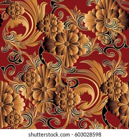 Floral seamless pattern. Red Baroque background wallpaper illustration with 3d gold flowers, swirl scroll leaves and antique damask ornaments. Vector surface luxury  texture for fabric textile