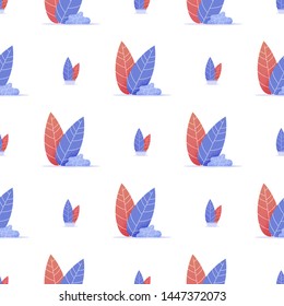 Floral Seamless Pattern with Red and Blue Leaves, Flowerpots on White Background Flat Vector Illustration. Gift Wrapping Paper, Greeting Cards, Invitations, Printing Materials Template, Design Element