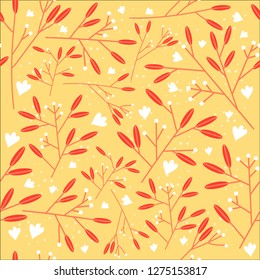 Floral seamless pattern with red brunches on a yellow background. Stylish print for fabric, wrapping and textures. 