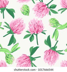 Floral seamless pattern with red clover isolated on white background. Cute pink flowers. Summer concept. Design element for textile, fabrics, scrapbooking, wallpaper and etc. Vector illustration.