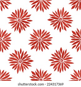 Floral seamless pattern of red daisy flowers on white background, watercolor, ink.
