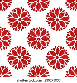Floral seamless pattern of red daisy flowers on white background, watercolor, ink. 