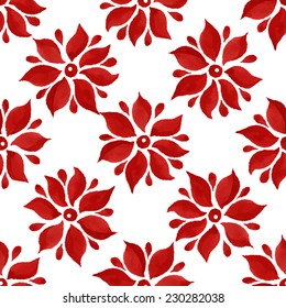 Floral seamless pattern of red daisy flowers on white background, watercolor, ink. 