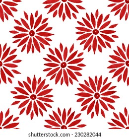 Floral seamless pattern of red daisy flowers on white background, watercolor, ink.