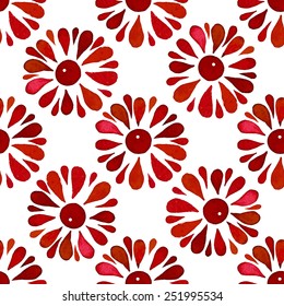 Floral seamless pattern of red daisy flowers on white background, watercolor, ink. 