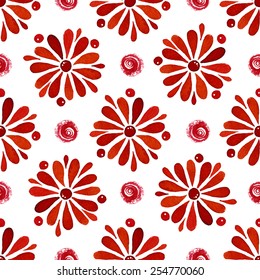 Floral seamless pattern of red daisy flowers and circles on white background, watercolor, ink. 