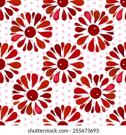 Floral seamless pattern of red daisy flowers and circles on white background, watercolor, ink. 