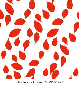 Floral seamless pattern with red exotic leaves on white background. Tropic branches. Fashion vector stock illustration for wallpaper, posters, card, fabric, textile.