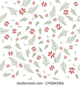 Floral seamless pattern with red flower, green leaves and white background. Used for textile, Fabric, texture and wall tiles. vector design.