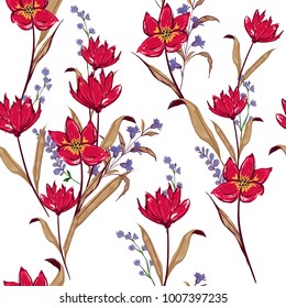 Flores rojas estampadas sin fisuras Flores Motivos Botánicos esparcidos al azar. Textura vectorial sin inconvenientes. Elegante plantilla para impresiones de moda. Impresión con estilo dibujado a mano sobre fondo blanco.