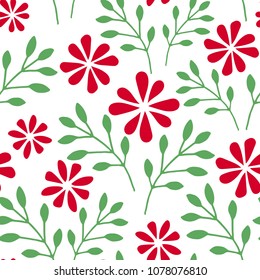 floral seamless pattern with  red flowers and green branches with leaves
