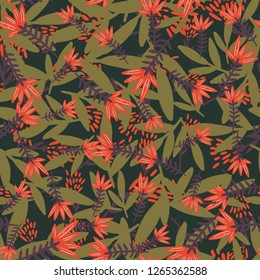 Floral seamless pattern with red flowers and green leaves.