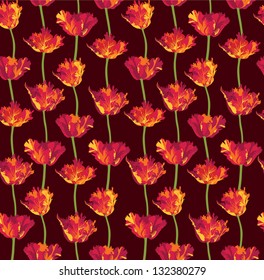 Floral seamless pattern with red flowers tulips. Flourish background.
