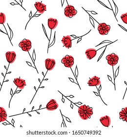 Floral seamless pattern with red flowers. Botanical vector illustration on a white background. For the design of wrapping paper, Wallpaper, textiles.