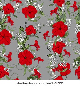 Floral sin fisuras con flores rojas petunia y hojas verdes sobre fondo gris oscuro. Dibujado a mano. Para diseño, textil, estampado, papel pintado, papel envolvente. Ilustración de material vectorial.