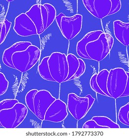 Patrón floral sin fisuras. Flores rojas amapola, traza de la mano del vector tulipán. Para embalaje, tela, envoltura, fondo